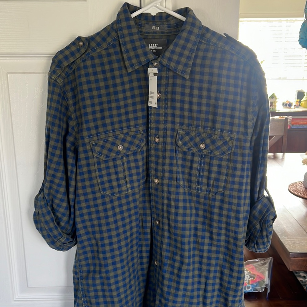 H&M green and blue checker flannel, large